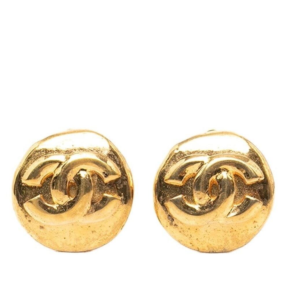 Chanel CC Logo Vintage Round Earrings 96P Gold Plated